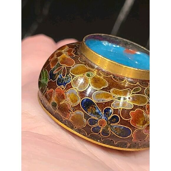 Cloisonné Open Salt Bowl Cellar Pepper Shaker Brown Flower Enamel Brass Stacking - Picture 7 of 8